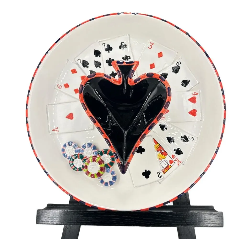 Poker Theme Chip and Dip Majolica Style Ceramic Cards  Tray